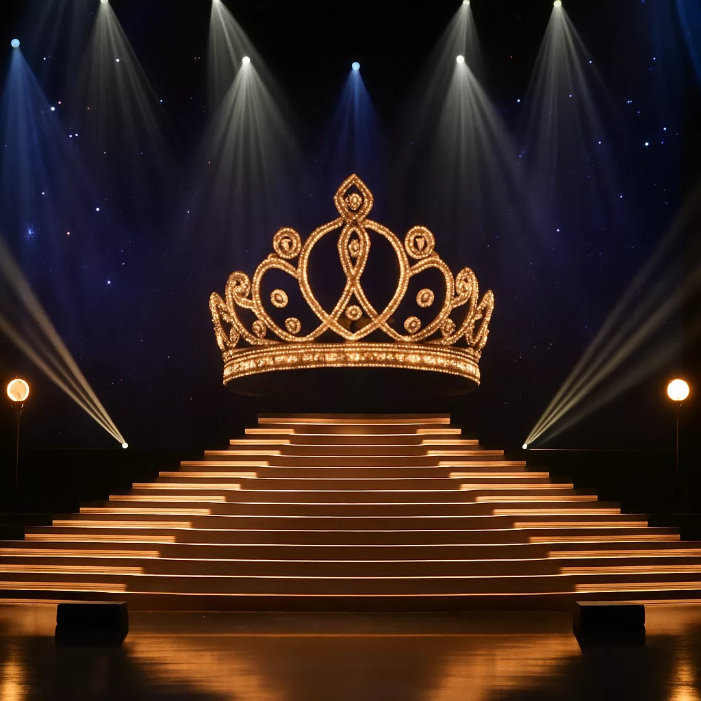 Image réaliste d’une scène de gala éclairée, avec silhouettes élégantes et ambiance de spectacle rappelant l’élection Miss France 2026.