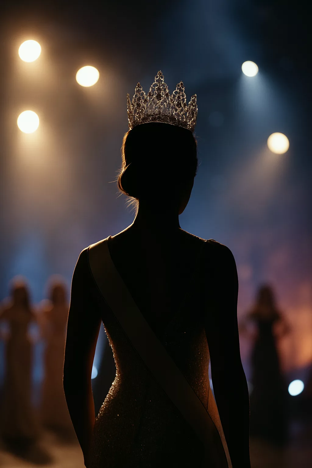 Silhouette d’une gagnante de concours de beauté portant une couronne brillante sous des projecteurs, avec des concurrentes floutées en arrière-plan.